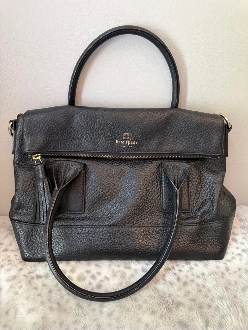 kate spade Black Pebbled Leather Top-Handle Satchel with Gold Hardware
